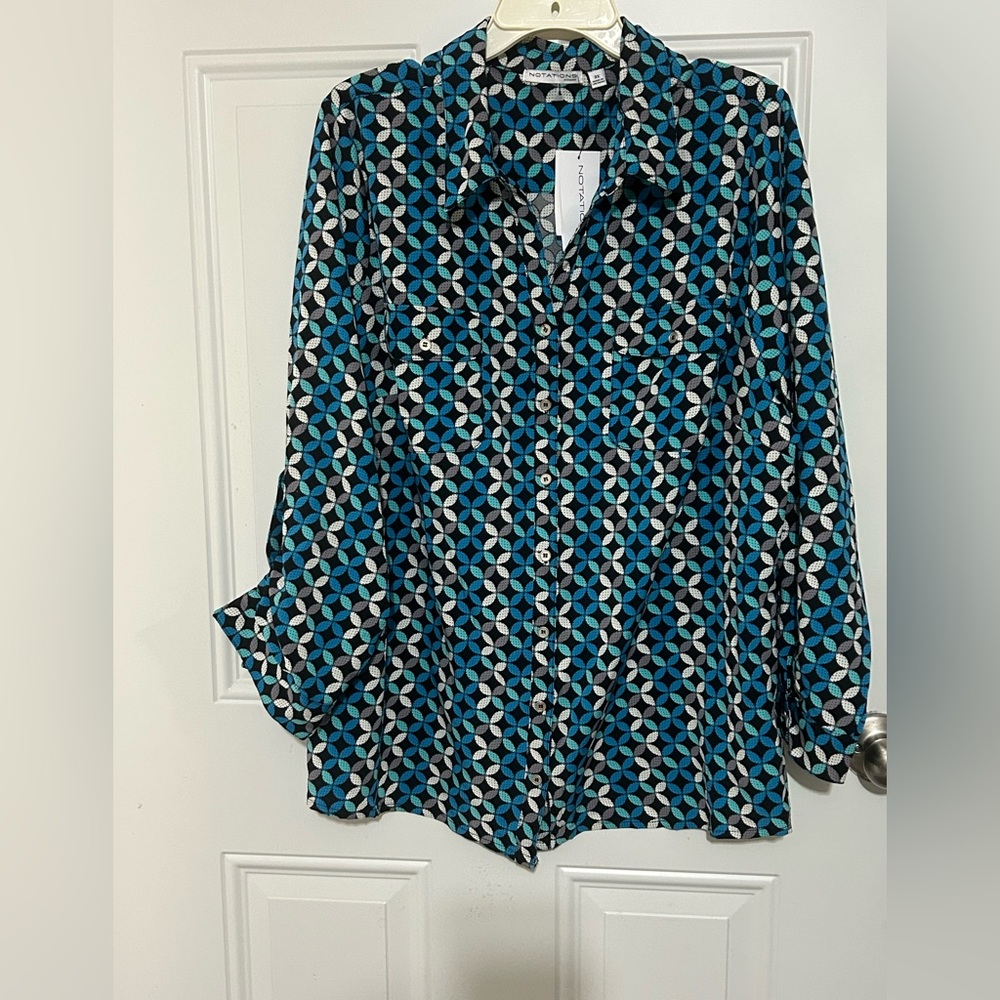 Notations Teal and Gray Patterned Blouse